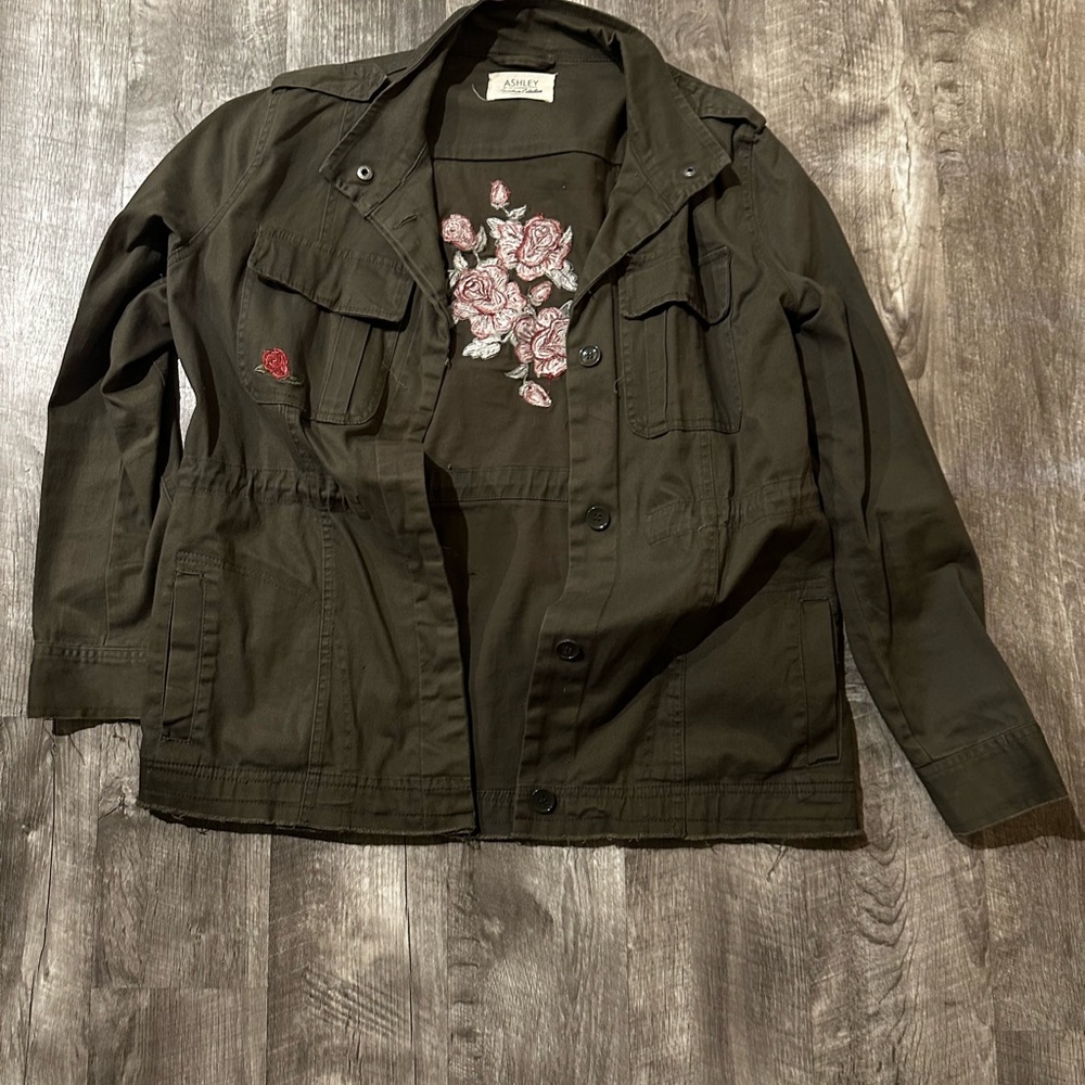 Women's Olive Green Jacket with Floral Embroidery